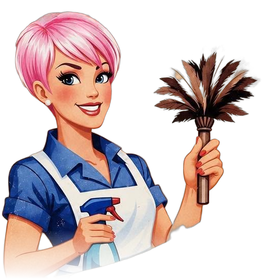 Katastic Cleaning mascot holding a feather duster and spray bottle